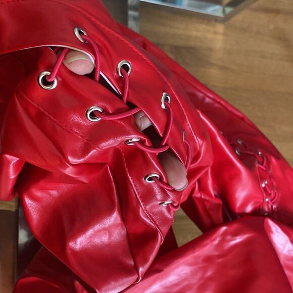 Red stretch pleather lace up pant. Cut out 4 skin size large front lace missing - Picture 6 of 16